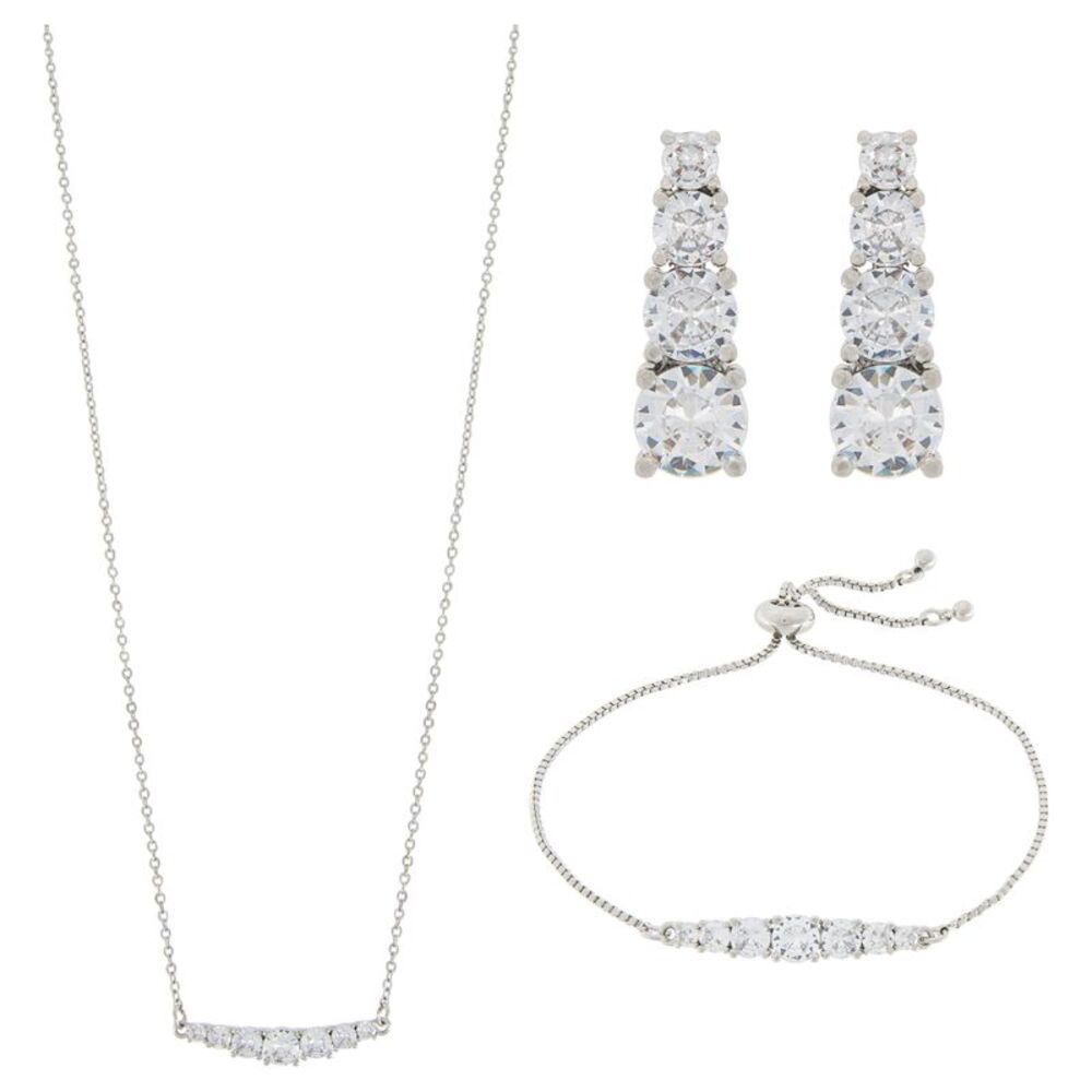Platinum Plated Graduated Cubic Zirconia Pendant, Bracelet and Earrings Set
